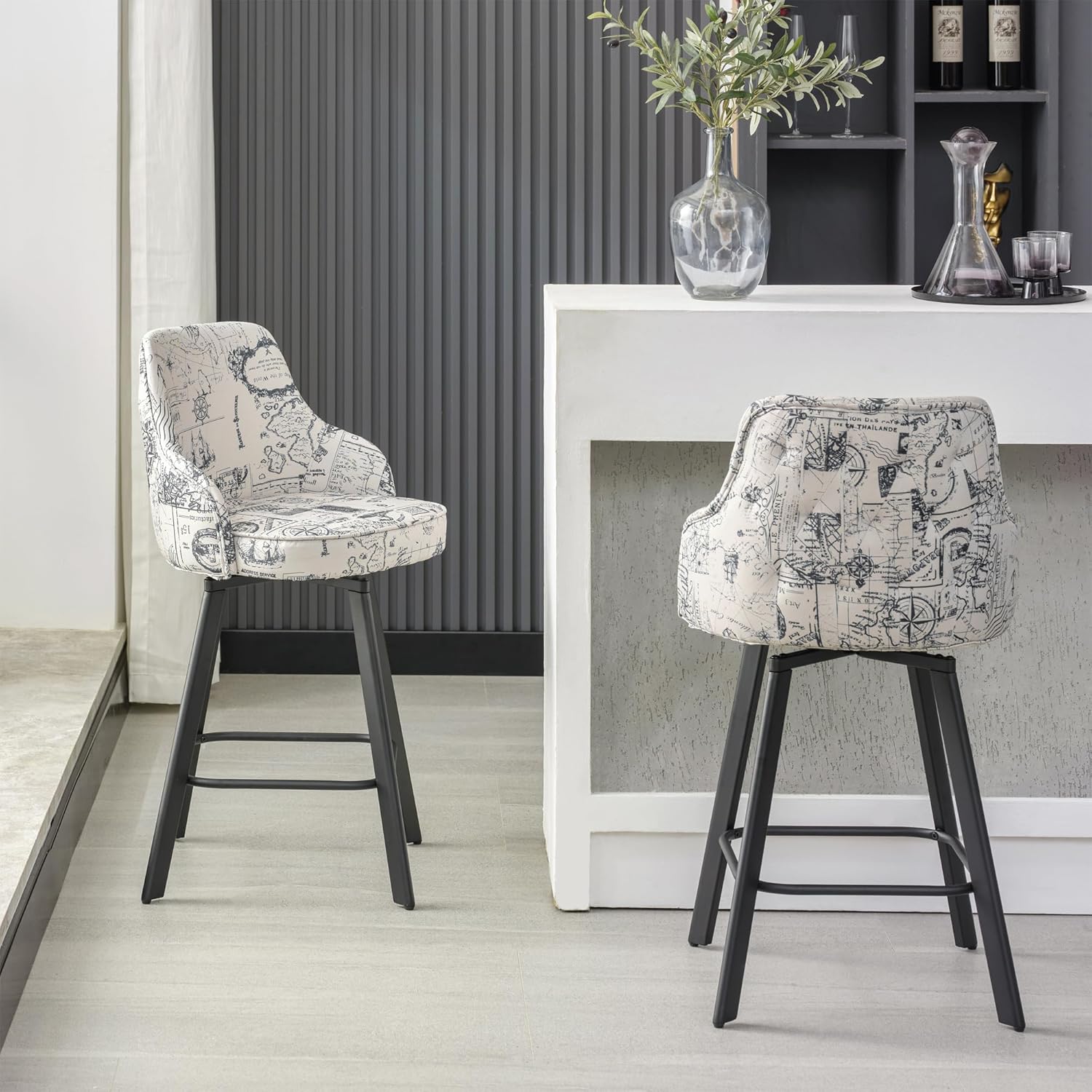 Bar Stools Set of 3, 26" Swivel Counter Height Bar Stools with High Back, Linen Kitchen Barstools Counter Height for Kitchen Island (Dark Grey, 3PCS 26" Counter Stools) - Grand Goldman