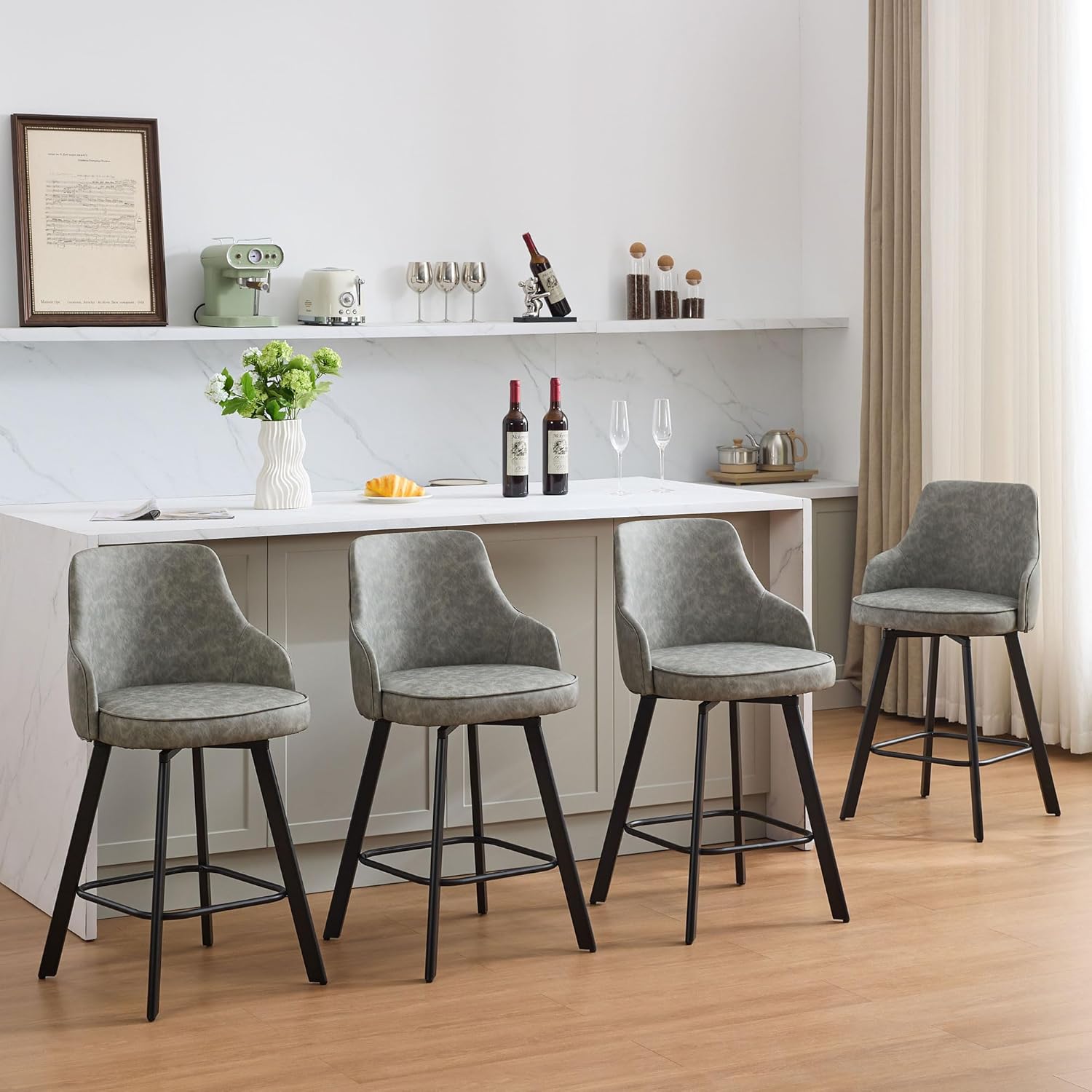 Bar Stools Set of 3, 26" Swivel Counter Height Bar Stools with High Back, Linen Kitchen Barstools Counter Height for Kitchen Island (Dark Grey, 3PCS 26" Counter Stools) - Grand Goldman