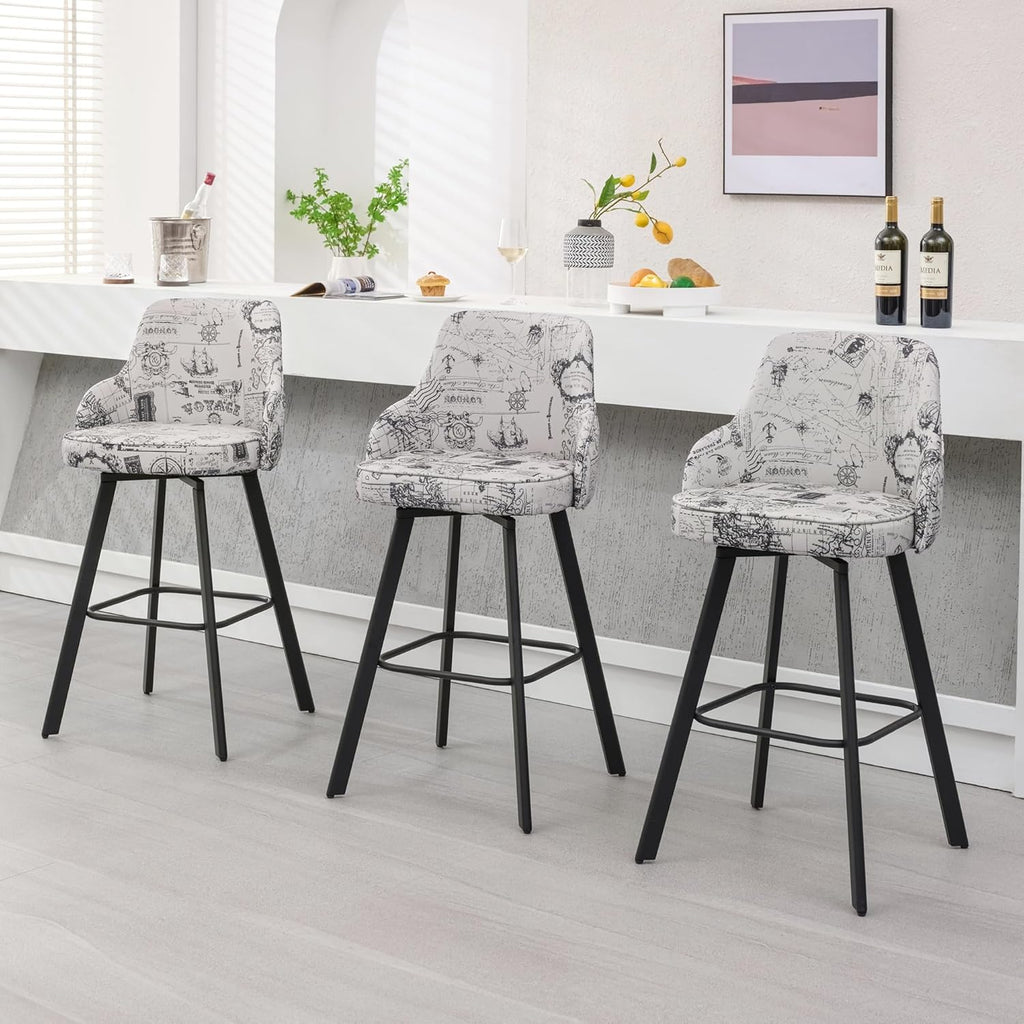 Bar Stools Set of 3, 26" Swivel Counter Height Bar Stools with High Back, Linen Kitchen Barstools Counter Height for Kitchen Island (Dark Grey, 3PCS 26" Counter Stools) - Grand Goldman