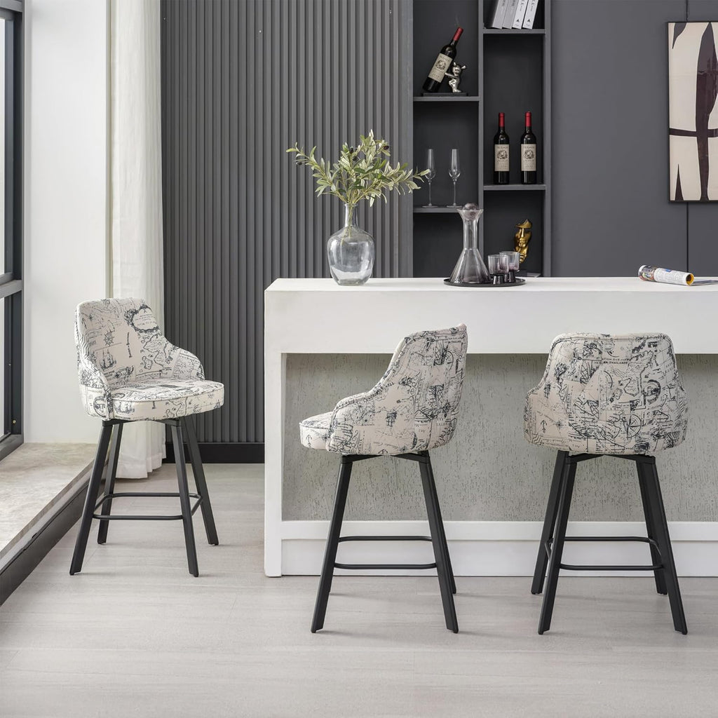 Bar Stools Set of 3, 26" Swivel Counter Height Bar Stools with High Back, Linen Kitchen Barstools Counter Height for Kitchen Island (Dark Grey, 3PCS 26" Counter Stools) - Grand Goldman