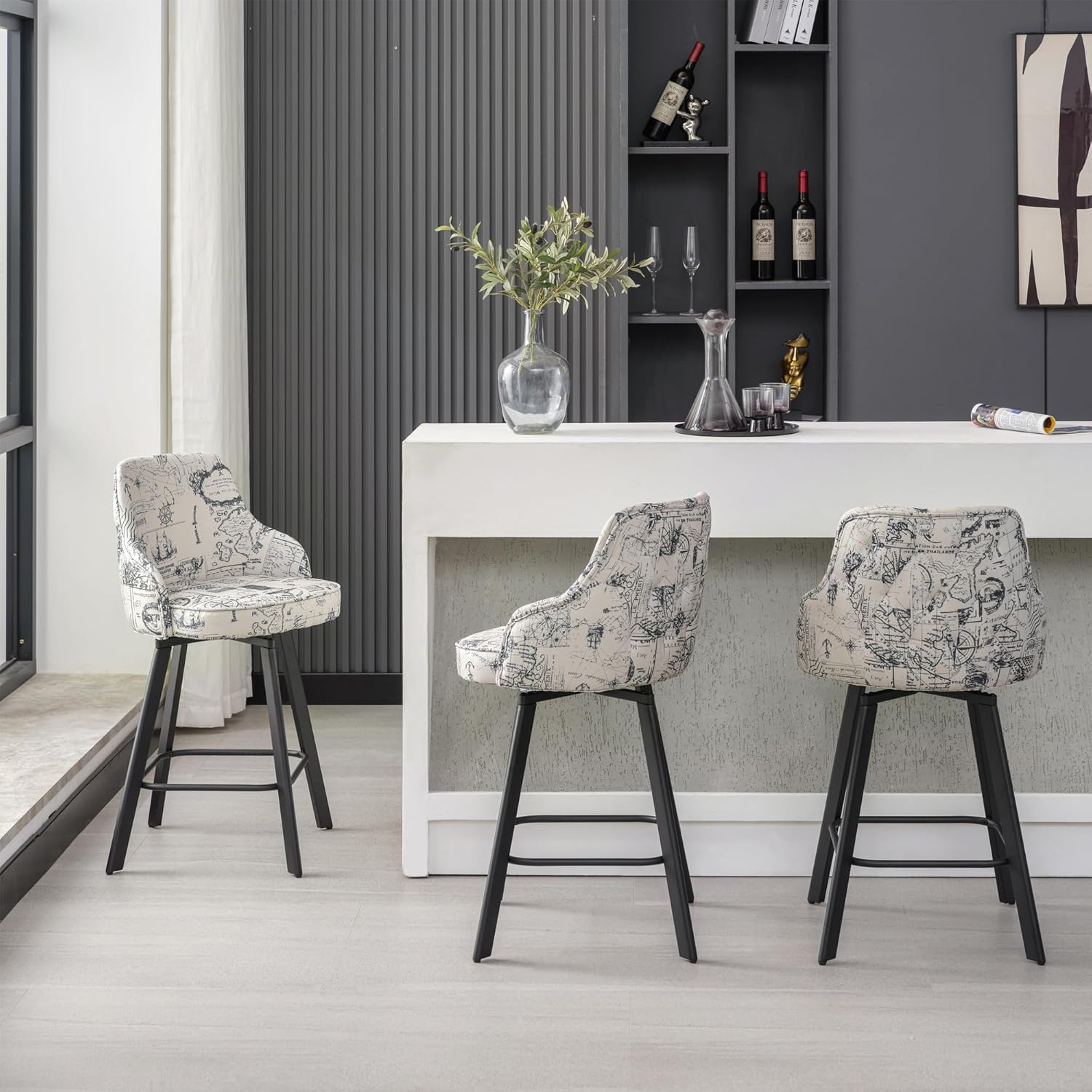 Bar Stools Set of 3, 26" Swivel Counter Height Bar Stools with High Back, Linen Kitchen Barstools Counter Height for Kitchen Island (Dark Grey, 3PCS 26" Counter Stools) - Grand Goldman