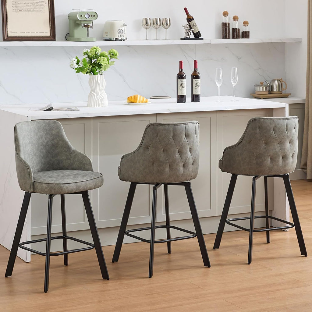 Bar Stools Set of 3, 26" Swivel Counter Height Bar Stools with High Back, Linen Kitchen Barstools Counter Height for Kitchen Island (Dark Grey, 3PCS 26" Counter Stools) - Grand Goldman