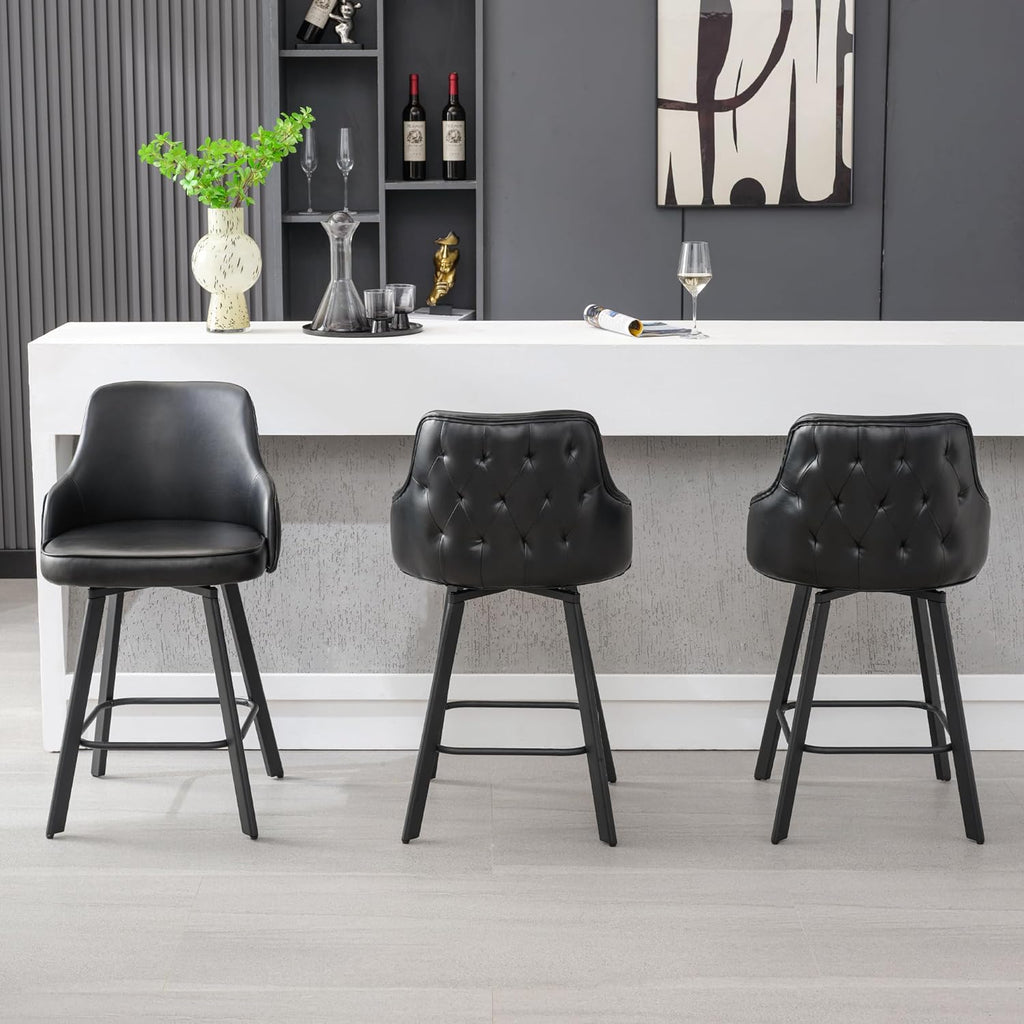 Bar Stools Set of 3, 26" Swivel Counter Height Bar Stools with High Back, Linen Kitchen Barstools Counter Height for Kitchen Island (Dark Grey, 3PCS 26" Counter Stools) - Grand Goldman