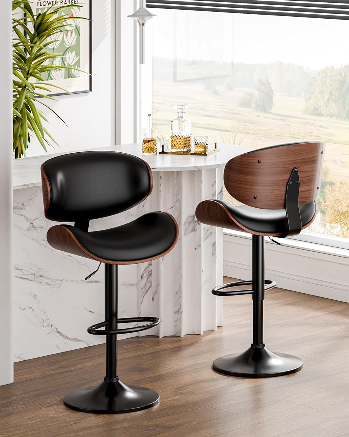 Bar Stools Set of 4, Adjustable Swivel Bar Stools Mid-Century Modern PU Leather Counter Height Bar Stool for Kitchen Island Bar Chairs with Back (Black) - Grand Goldman