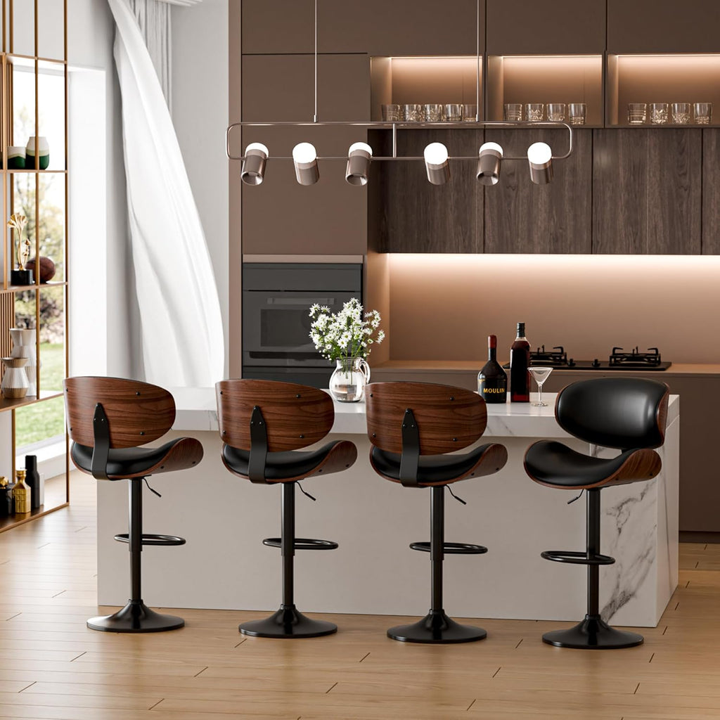 Bar Stools Set of 4, Adjustable Swivel Bar Stools Mid-Century Modern PU Leather Counter Height Bar Stool for Kitchen Island Bar Chairs with Back (Black) - Grand Goldman