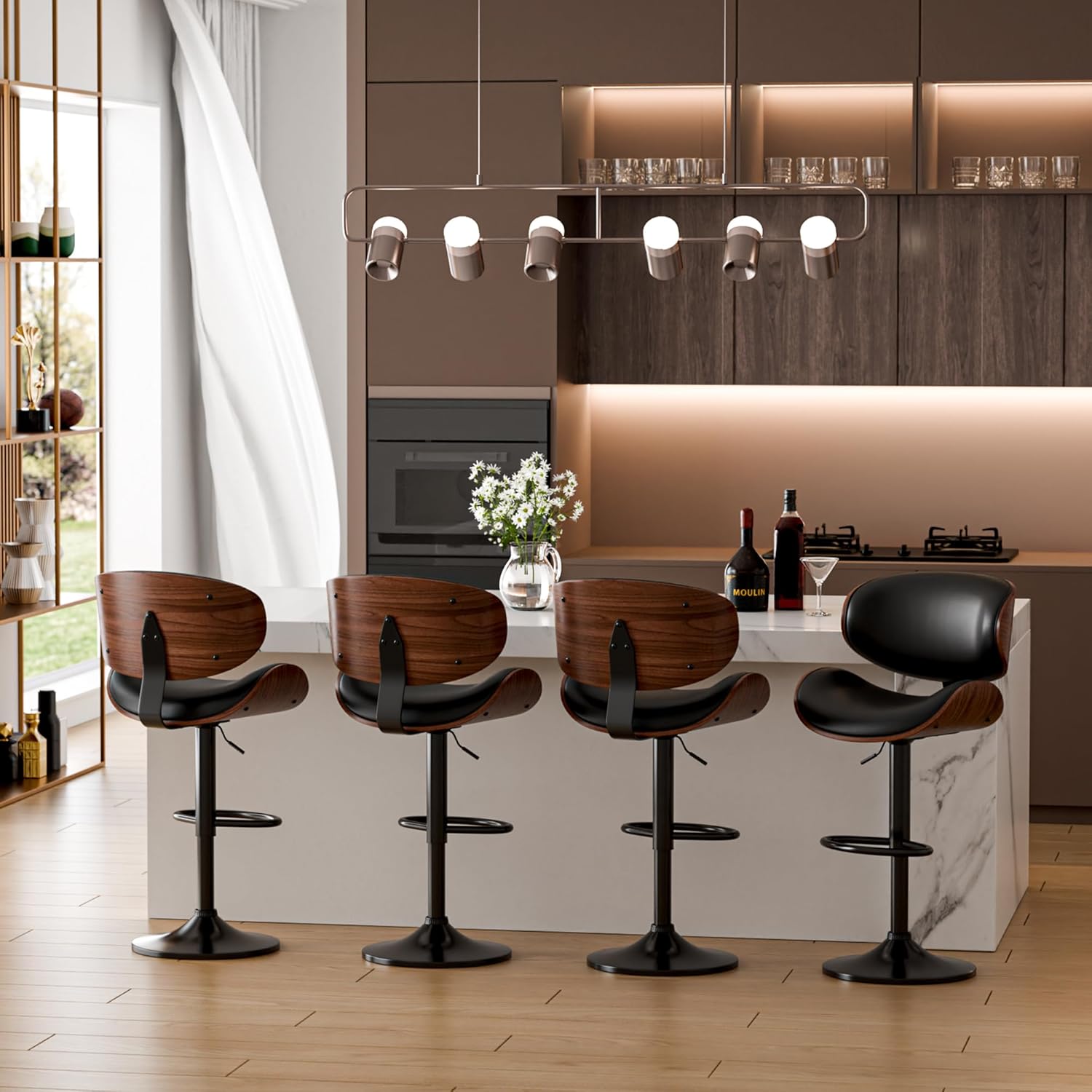 Bar Stools Set of 4, Adjustable Swivel Bar Stools Mid-Century Modern PU Leather Counter Height Bar Stool for Kitchen Island Bar Chairs with Back (Black) - Grand Goldman