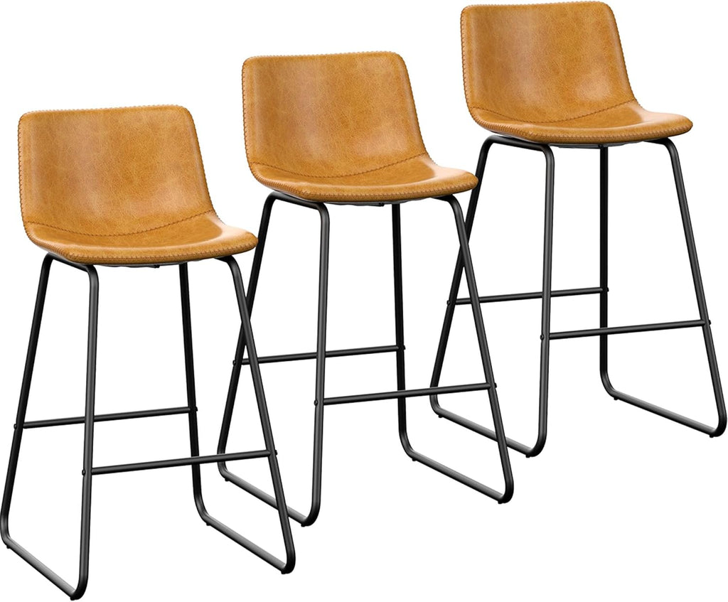Bar Stools Set of 4, PU Leather Counter Height Bar Stools, 26" Modern Bar Stools with Metal Legs and Footrest, Urban Armless Dining Chairs with Backrest for Kitchen Island (Brown) - Grand Goldman