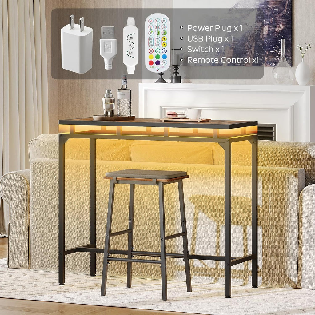 Bar Table with LED Lights, Counter Height Table, Bar Height Table, Pub Table, Gaming Table, Metal Frame, for Living Room, Dining Room, Pub, Rustic Brown and Black BT01DBR - Grand Goldman