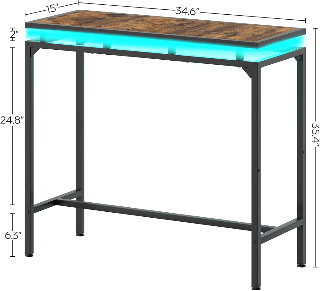 Bar Table with LED Lights, Counter Height Table, Bar Height Table, Pub Table, Gaming Table, Metal Frame, for Living Room, Dining Room, Pub, Rustic Brown and Black BT01DBR - Grand Goldman