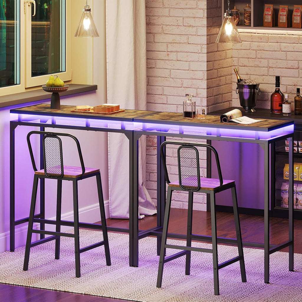 Bar Table with LED Lights, Counter Height Table, Bar Height Table, Pub Table, Gaming Table, Metal Frame, for Living Room, Dining Room, Pub, Rustic Brown and Black BT01DBR - Grand Goldman