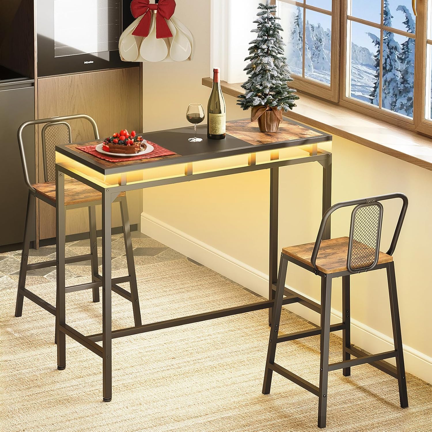 Bar Table with LED Lights, Counter Height Table, Bar Height Table, Pub Table, Gaming Table, Metal Frame, for Living Room, Dining Room, Pub, Rustic Brown and Black BT01DBR - Grand Goldman