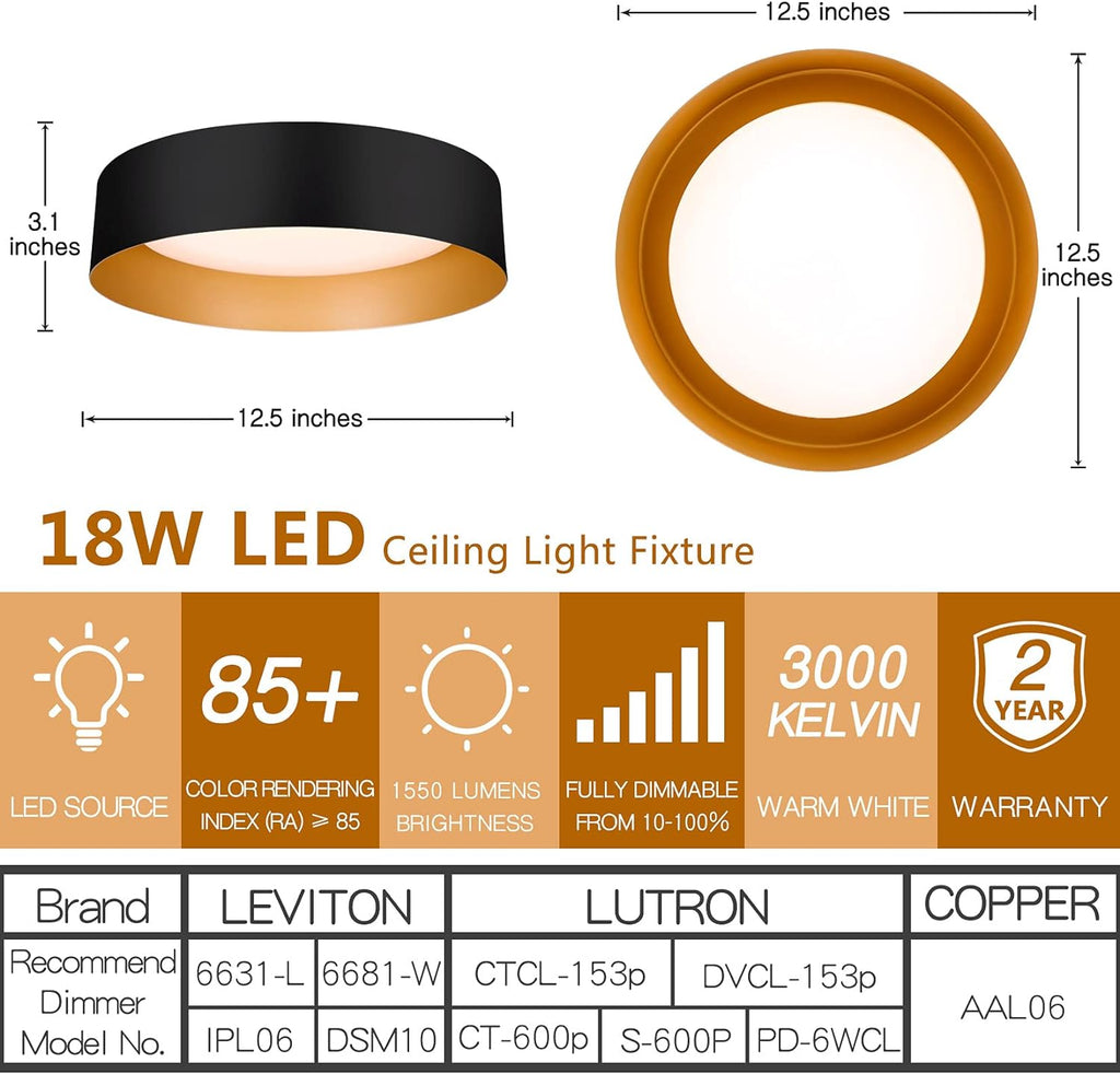 Bargeni Flush Mount Ceiling Light,12.5 inch LED Ceiling Light Fixture,Matte Black with Gold Inside,3000K/Warm White/18W(100w Equiv.),Dimmable Outdoor Lighting Fixtures Ceiling for Bedroom and Hallway - Grand Goldman