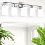 Bathroom Light Fixture Over Mirror, 5-Light Brushed Nickel Vanity Light Fixture, Modern Bathroom Vanity Light Fixture with White Frosted Glass Shade, Bathroom Light for Vanity Mirror, Bedroom - Grand Goldman