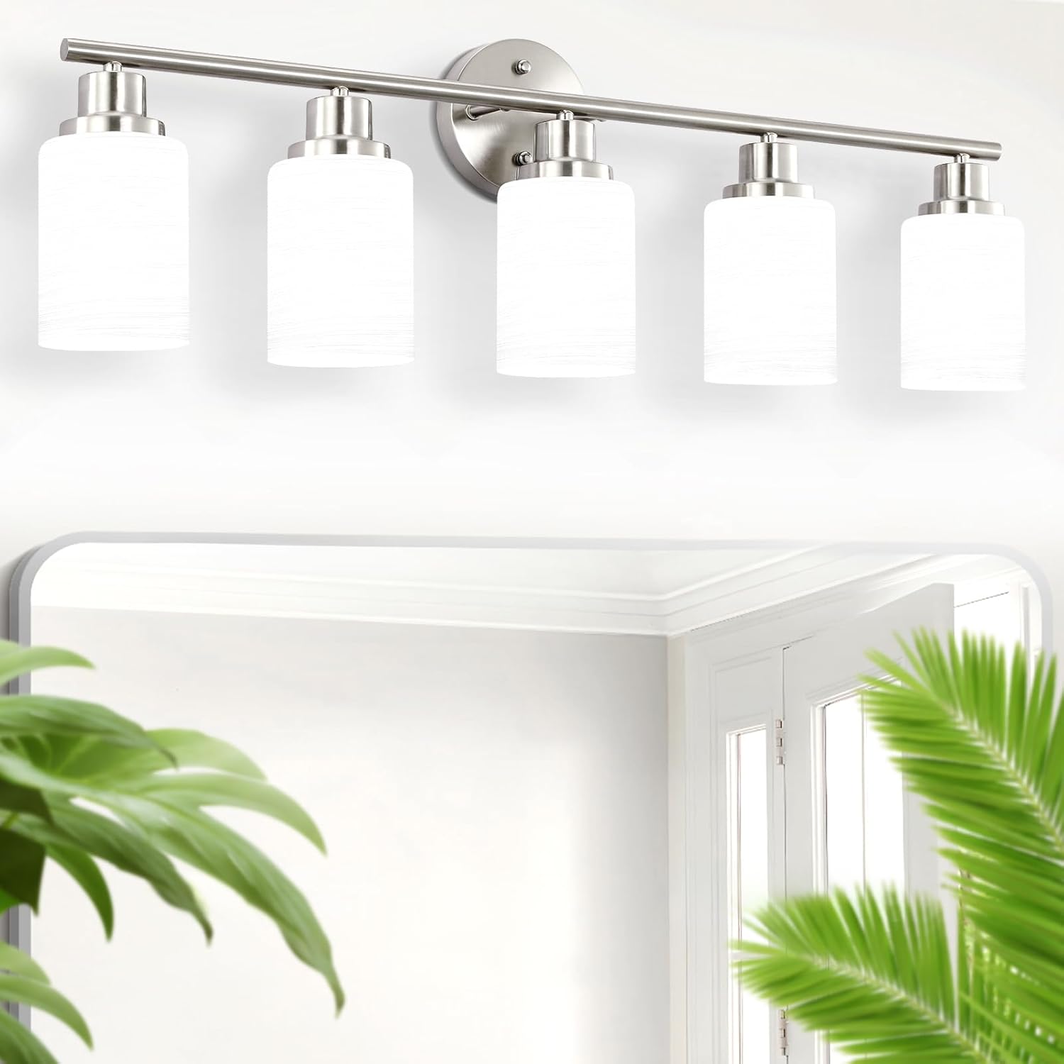Bathroom Light Fixture Over Mirror, 5-Light Brushed Nickel Vanity Light Fixture, Modern Bathroom Vanity Light Fixture with White Frosted Glass Shade, Bathroom Light for Vanity Mirror, Bedroom - Grand Goldman