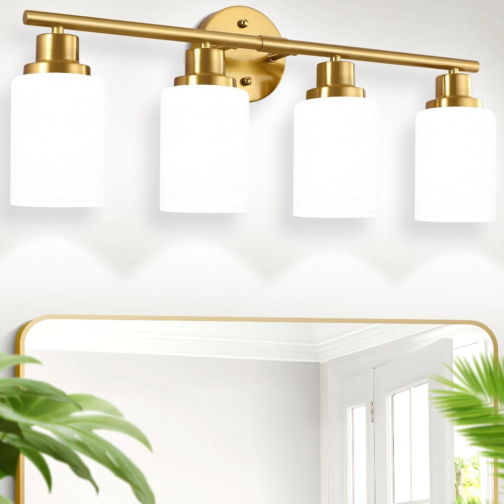 Bathroom Light Fixture Over Mirror, 5-Light Brushed Nickel Vanity Light Fixture, Modern Bathroom Vanity Light Fixture with White Frosted Glass Shade, Bathroom Light for Vanity Mirror, Bedroom - Grand Goldman