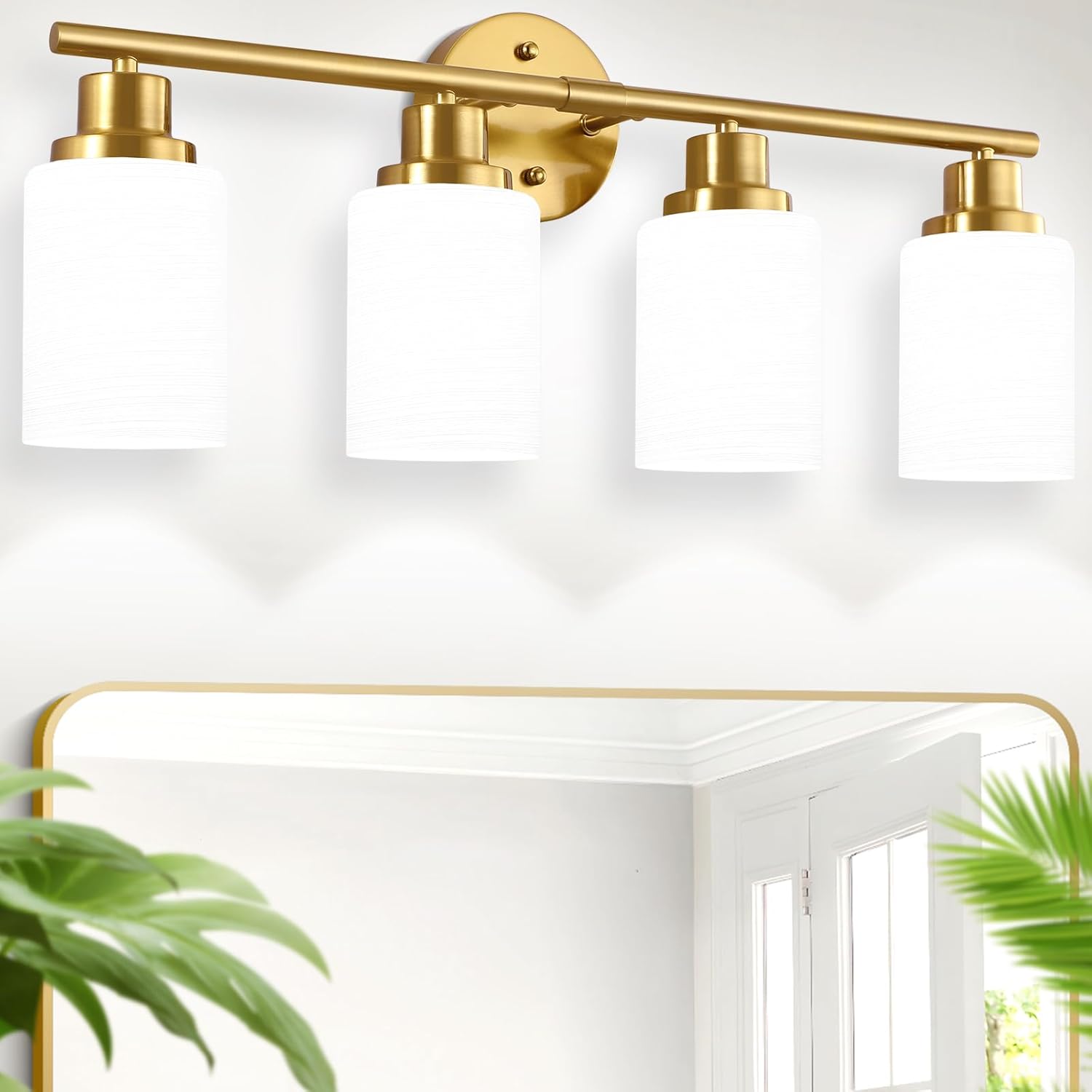 Bathroom Light Fixture Over Mirror, 5-Light Brushed Nickel Vanity Light Fixture, Modern Bathroom Vanity Light Fixture with White Frosted Glass Shade, Bathroom Light for Vanity Mirror, Bedroom - Grand Goldman