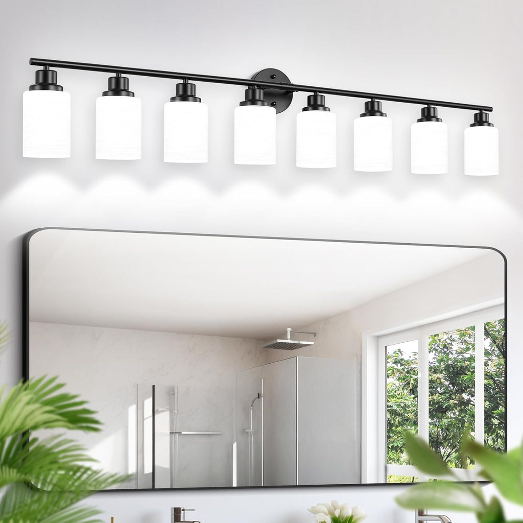 Bathroom Light Fixture Over Mirror, 5-Light Brushed Nickel Vanity Light Fixture, Modern Bathroom Vanity Light Fixture with White Frosted Glass Shade, Bathroom Light for Vanity Mirror, Bedroom - Grand Goldman