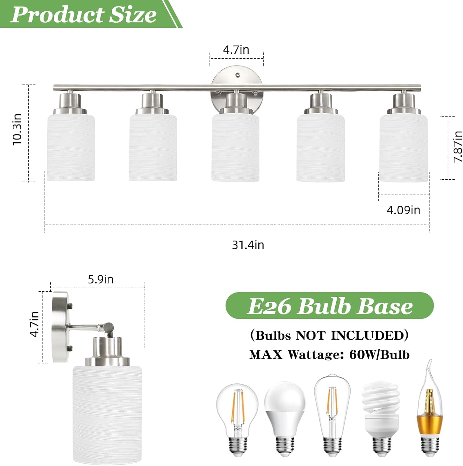Bathroom Light Fixture Over Mirror, 5-Light Brushed Nickel Vanity Light Fixture, Modern Bathroom Vanity Light Fixture with White Frosted Glass Shade, Bathroom Light for Vanity Mirror, Bedroom - Grand Goldman