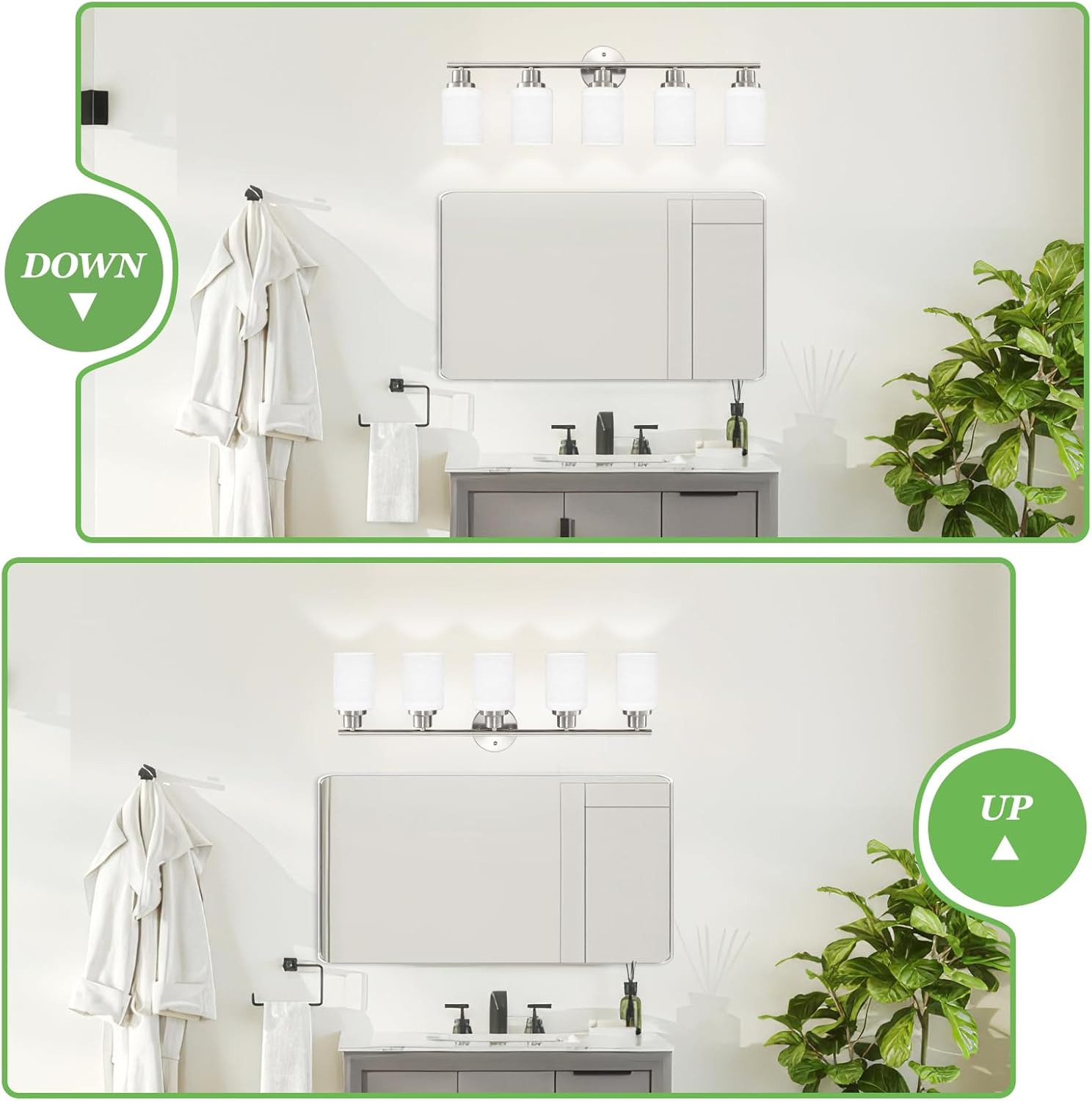 Bathroom Light Fixture Over Mirror, 5-Light Brushed Nickel Vanity Light Fixture, Modern Bathroom Vanity Light Fixture with White Frosted Glass Shade, Bathroom Light for Vanity Mirror, Bedroom - Grand Goldman