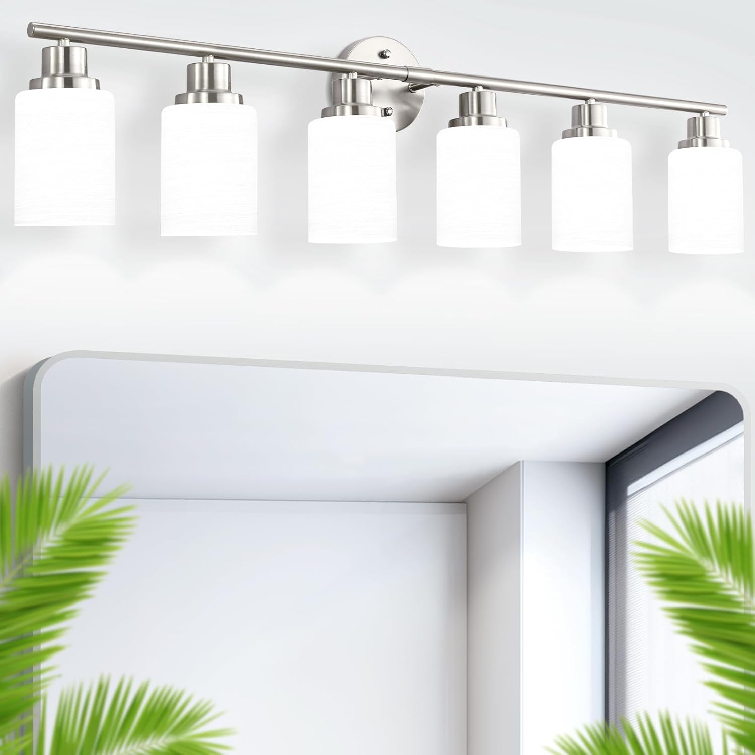 Bathroom Light Fixture Over Mirror, 5-Light Brushed Nickel Vanity Light Fixture, Modern Bathroom Vanity Light Fixture with White Frosted Glass Shade, Bathroom Light for Vanity Mirror, Bedroom - Grand Goldman