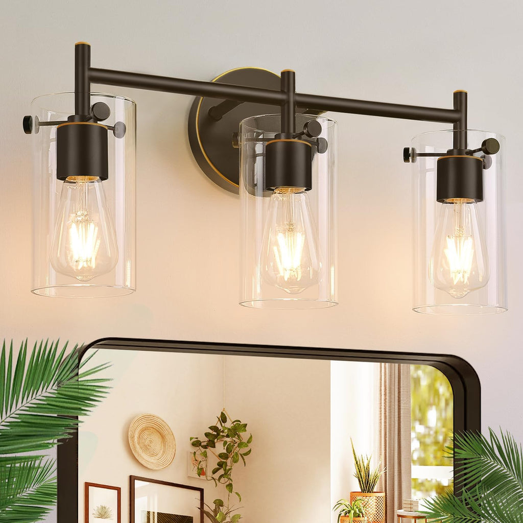 Bathroom Light Fixtures 2023 Upgrade, 3-Light Matte Black Bathroom Vanity Light, Black Bathroom Lights Over Mirror with Clear Glass Shade, Bathroom Wall Sconces for Mirror Bedroom Living Room Hallway - Grand Goldman