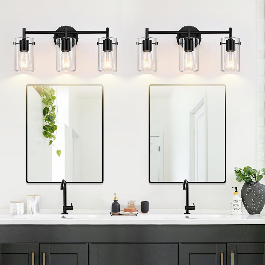 Bathroom Light Fixtures 2023 Upgrade, 3-Light Matte Black Bathroom Vanity Light, Black Bathroom Lights Over Mirror with Clear Glass Shade, Bathroom Wall Sconces for Mirror Bedroom Living Room Hallway - Grand Goldman