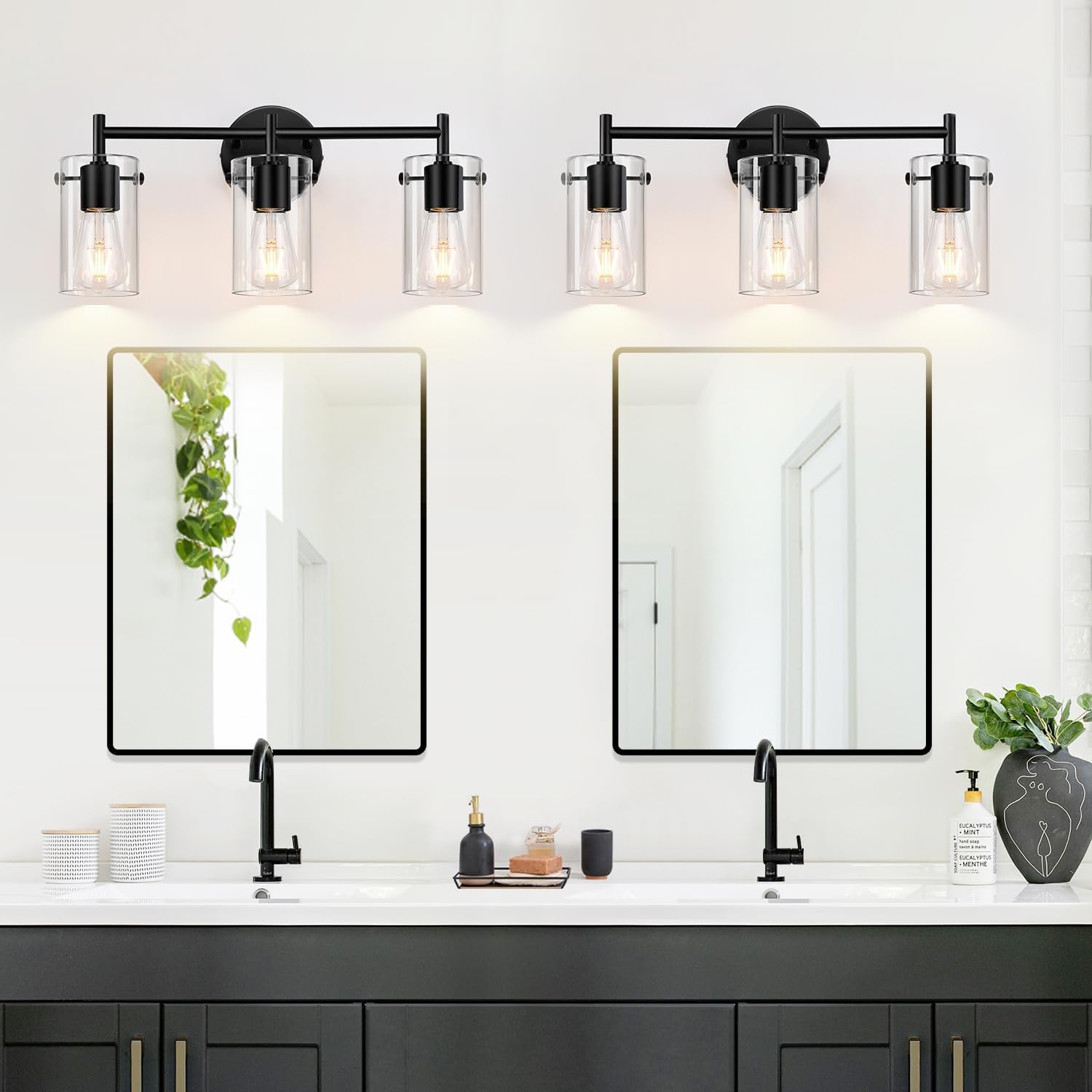 Bathroom Light Fixtures 2023 Upgrade, 3-Light Matte Black Bathroom Vanity Light, Black Bathroom Lights Over Mirror with Clear Glass Shade, Bathroom Wall Sconces for Mirror Bedroom Living Room Hallway - Grand Goldman