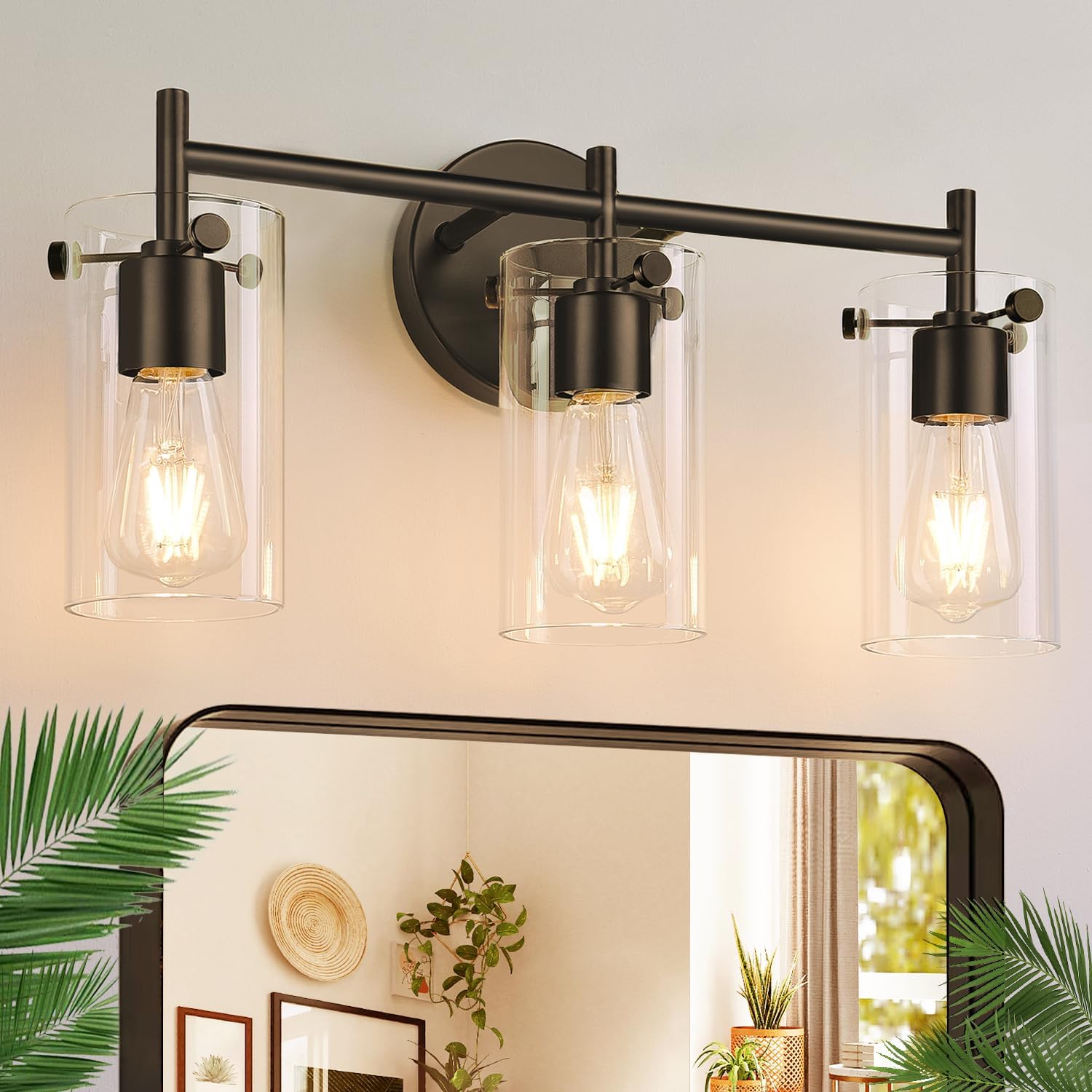 Bathroom Light Fixtures 2023 Upgrade, 3-Light Matte Black Bathroom Vanity Light, Black Bathroom Lights Over Mirror with Clear Glass Shade, Bathroom Wall Sconces for Mirror Bedroom Living Room Hallway - Grand Goldman
