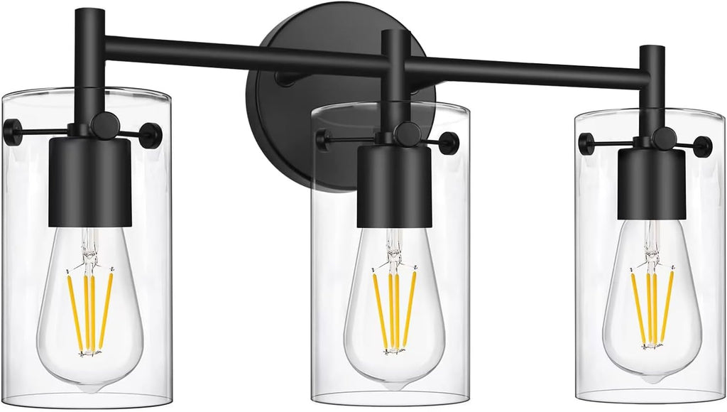 Bathroom Light Fixtures 2023 Upgrade, 3-Light Matte Black Bathroom Vanity Light, Black Bathroom Lights Over Mirror with Clear Glass Shade, Bathroom Wall Sconces for Mirror Bedroom Living Room Hallway - Grand Goldman