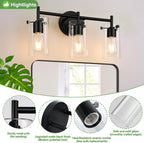 Bathroom Light Fixtures 2023 Upgrade, 3-Light Matte Black Bathroom Vanity Light, Black Bathroom Lights Over Mirror with Clear Glass Shade, Bathroom Wall Sconces for Mirror Bedroom Living Room Hallway - Grand Goldman