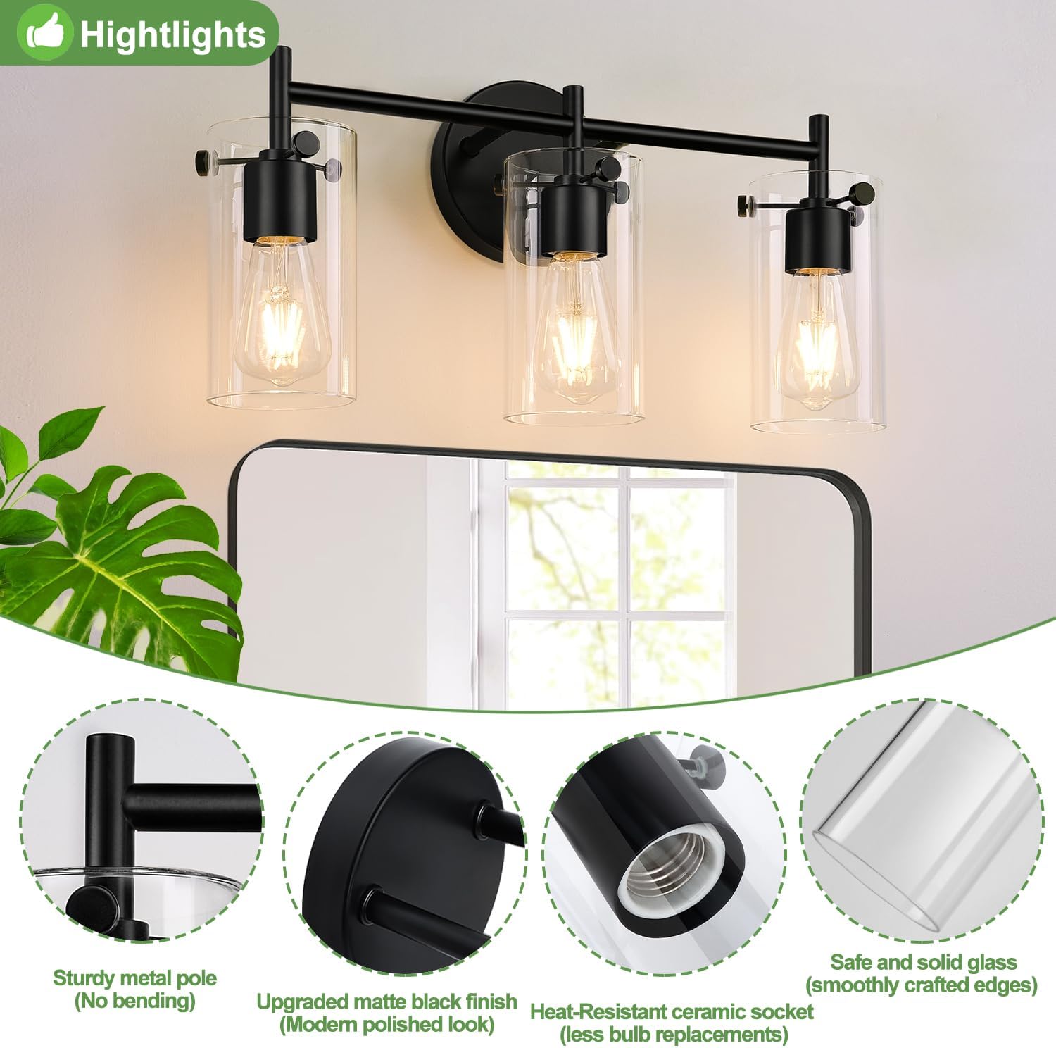 Bathroom Light Fixtures 2023 Upgrade, 3-Light Matte Black Bathroom Vanity Light, Black Bathroom Lights Over Mirror with Clear Glass Shade, Bathroom Wall Sconces for Mirror Bedroom Living Room Hallway - Grand Goldman
