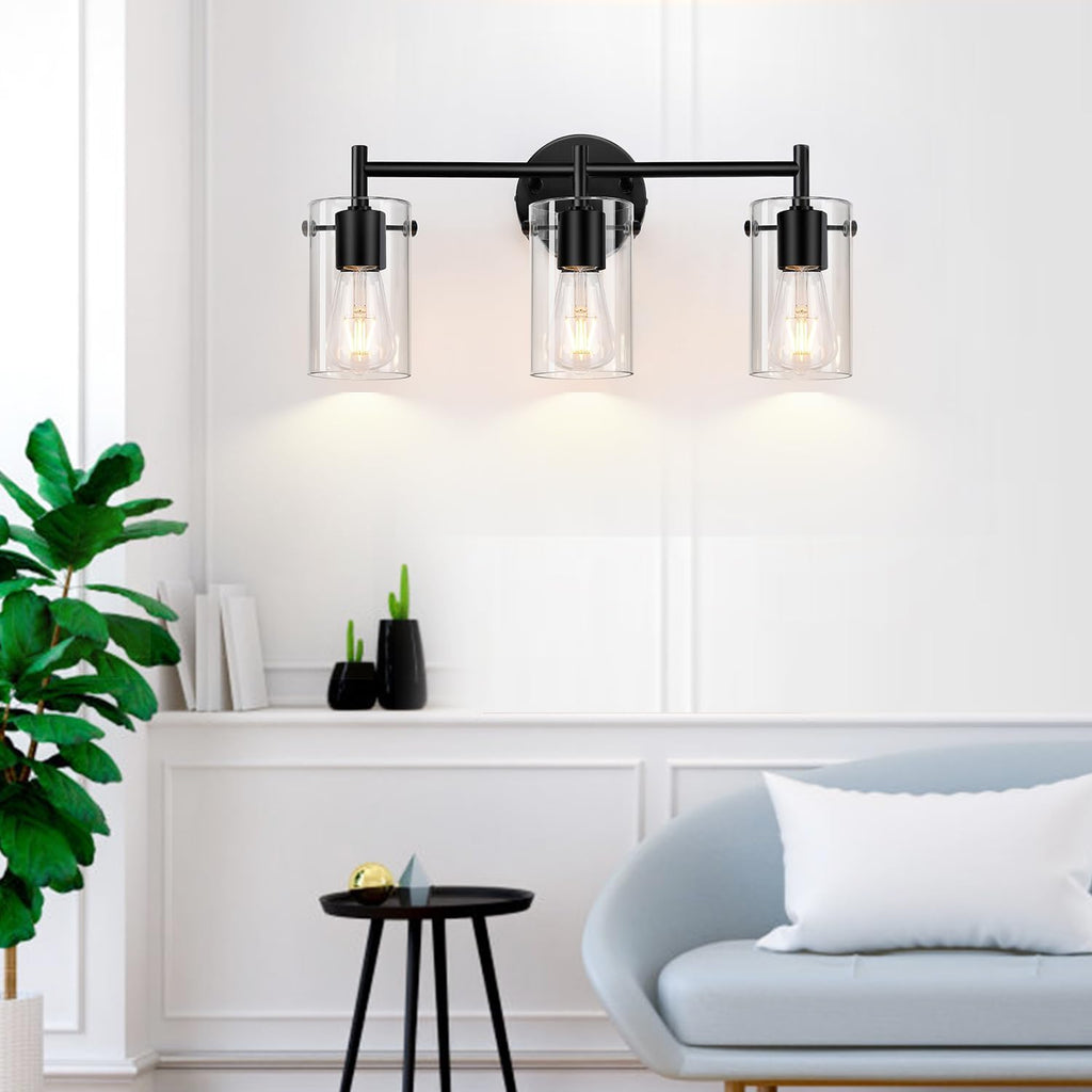 Bathroom Light Fixtures 2023 Upgrade, 3-Light Matte Black Bathroom Vanity Light, Black Bathroom Lights Over Mirror with Clear Glass Shade, Bathroom Wall Sconces for Mirror Bedroom Living Room Hallway - Grand Goldman