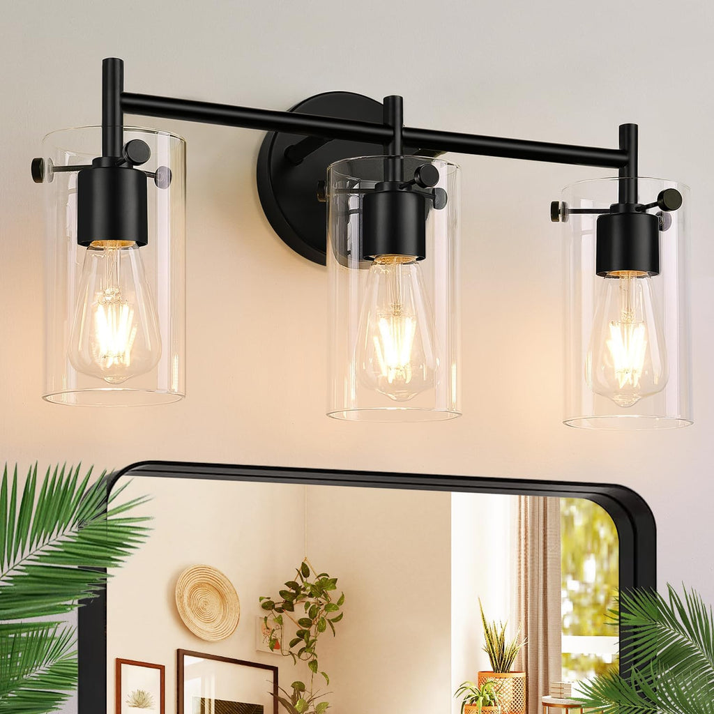 Bathroom Light Fixtures 2023 Upgrade, 3-Light Matte Black Bathroom Vanity Light, Black Bathroom Lights Over Mirror with Clear Glass Shade, Bathroom Wall Sconces for Mirror Bedroom Living Room Hallway - Grand Goldman