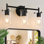 Bathroom Light Fixtures 2023 Upgrade, 3-Light Matte Black Bathroom Vanity Light, Black Bathroom Lights Over Mirror with Clear Glass Shade, Bathroom Wall Sconces for Mirror Bedroom Living Room Hallway - Grand Goldman