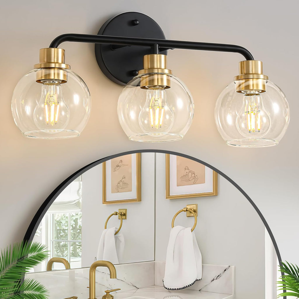 Bathroom Light Fixtures Gold Vanity Light 3 Light Wall Sconces Lighting Brushed Brass Lights with Clear Globe Glass Shades Bath Wall Lamp for Mirror Kitchen Living Room Bedroom Hallway - Grand Goldman