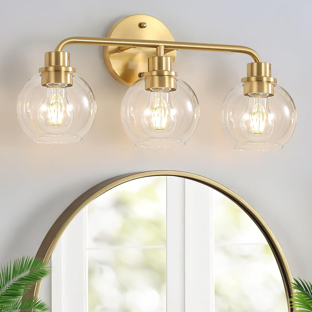 Bathroom Light Fixtures Gold Vanity Light 3 Light Wall Sconces Lighting Brushed Brass Lights with Clear Globe Glass Shades Bath Wall Lamp for Mirror Kitchen Living Room Bedroom Hallway - Grand Goldman