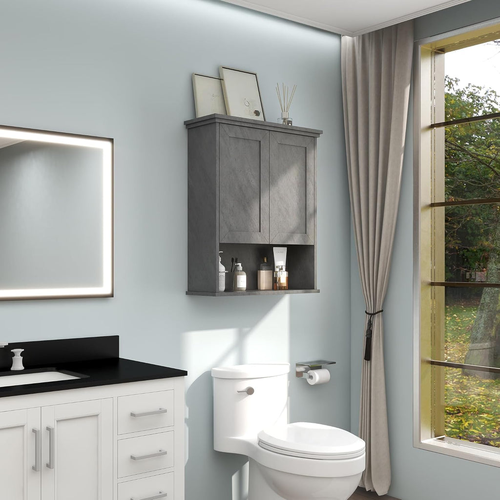 Bathroom Wall Cabinet Over Toilet Storage Cabinets 25x30 in Above Toilet Wood Medicine Cabinets for Bathroom Wall Mounted Cabinet with 2 Door & Adjustable Shelf Texture Grey - Grand Goldman