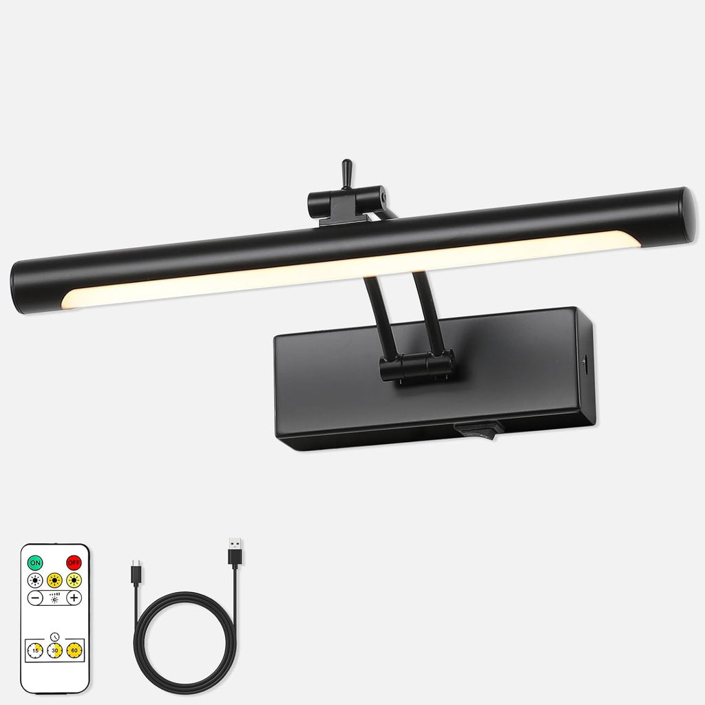 Battery Operated Picture Lights with Remote and Timer,Wireless Art Light for Paintings with Adjustable Swing Arm Gold Gallery Lights 12in Rechargeable Wall Sconce - Grand Goldman