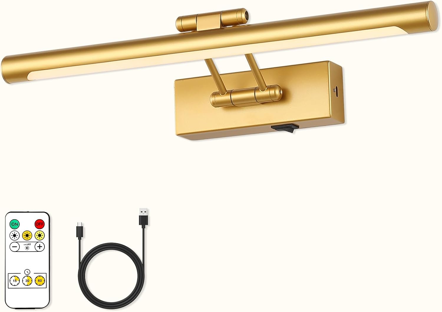 Battery Operated Picture Lights with Remote and Timer,Wireless Art Light for Paintings with Adjustable Swing Arm Gold Gallery Lights 12in Rechargeable Wall Sconce - Grand Goldman