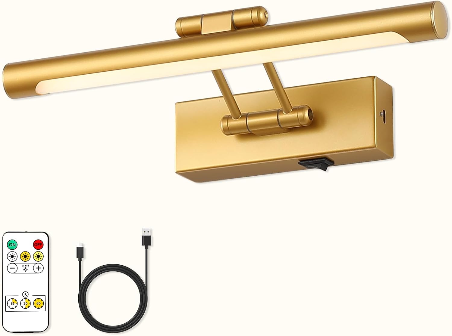 Battery Operated Picture Lights with Remote and Timer,Wireless Art Light for Paintings with Adjustable Swing Arm Gold Gallery Lights 12in Rechargeable Wall Sconce - Grand Goldman