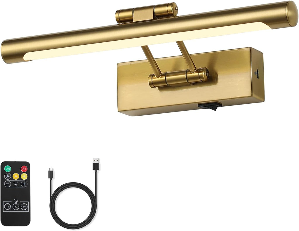 Battery Operated Picture Lights with Remote and Timer,Wireless Art Light for Paintings with Adjustable Swing Arm Gold Gallery Lights 12in Rechargeable Wall Sconce - Grand Goldman