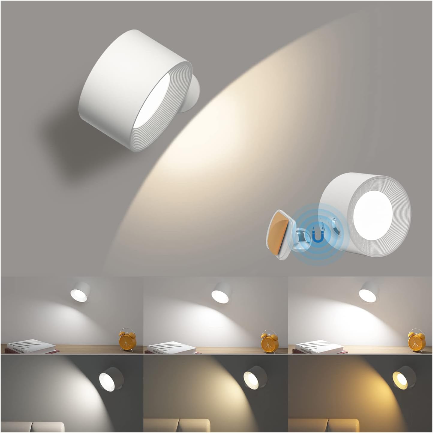Battery Operated Wall Light, LED Wall Sconce with 3 Color Modes 3 Brightness Levels 360°Rotation Lighting Touch Control, Wall Mounted Lamp Cordless Wall Lamp for Bedroom Reading Bedside-1Pack - Grand Goldman