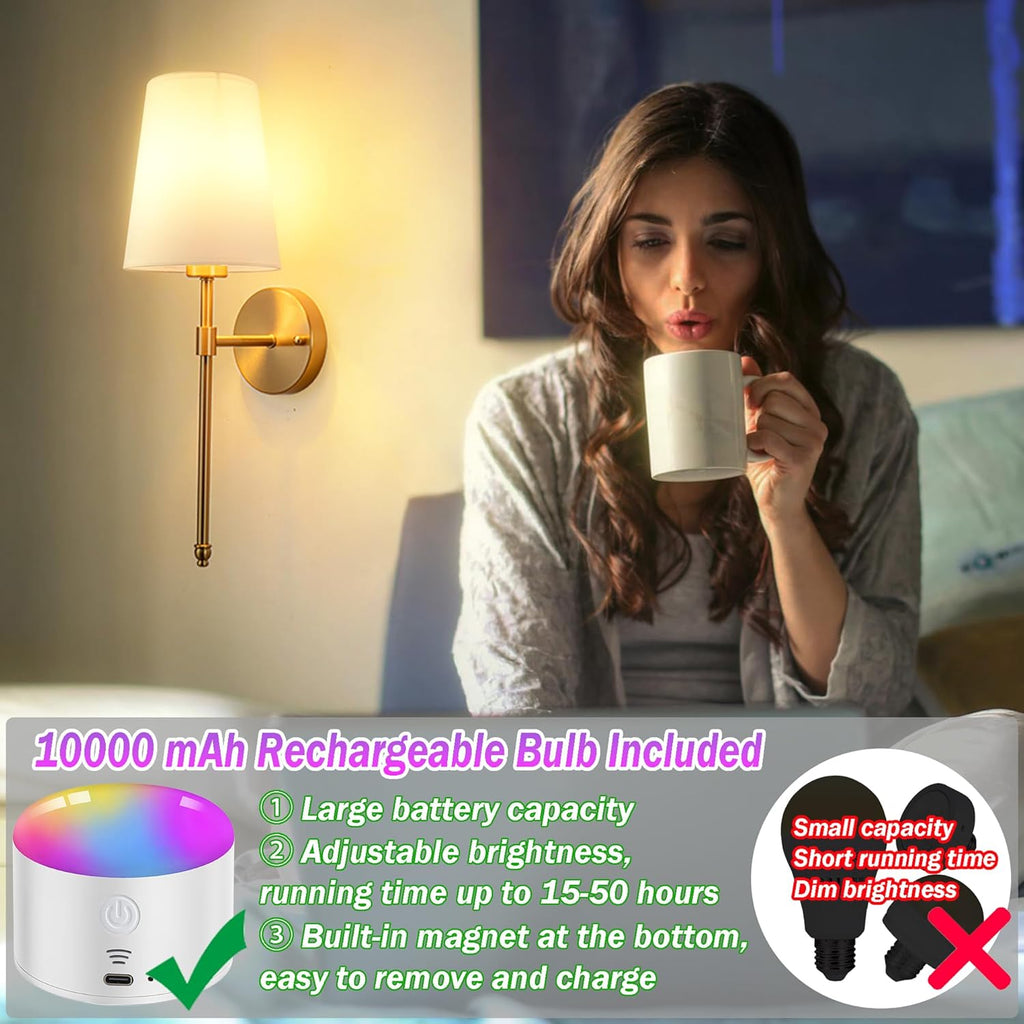 Battery Operated Wall Sconce Light with Remote Control, Dimmable Set of 2 White Fabric Shade, Indoor Wireless Lamp For Bedroom Living Room, Bulb Included ( - Grand Goldman