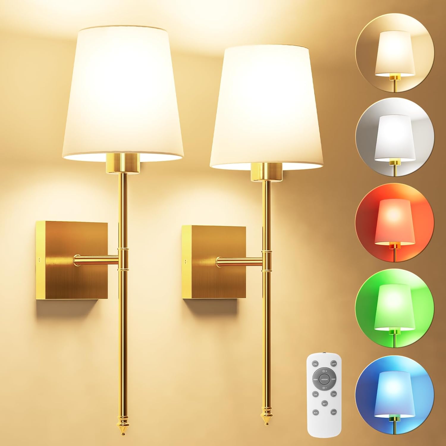 Battery Operated Wall Sconce Set of 2, Black Rechargeable Wall Sconce with Detachable Bulbs and Fabric Shade, Dimmable Sconce Wall Decor Lights with Remote for Bedroom, Living Room, Entryway - Grand Goldman