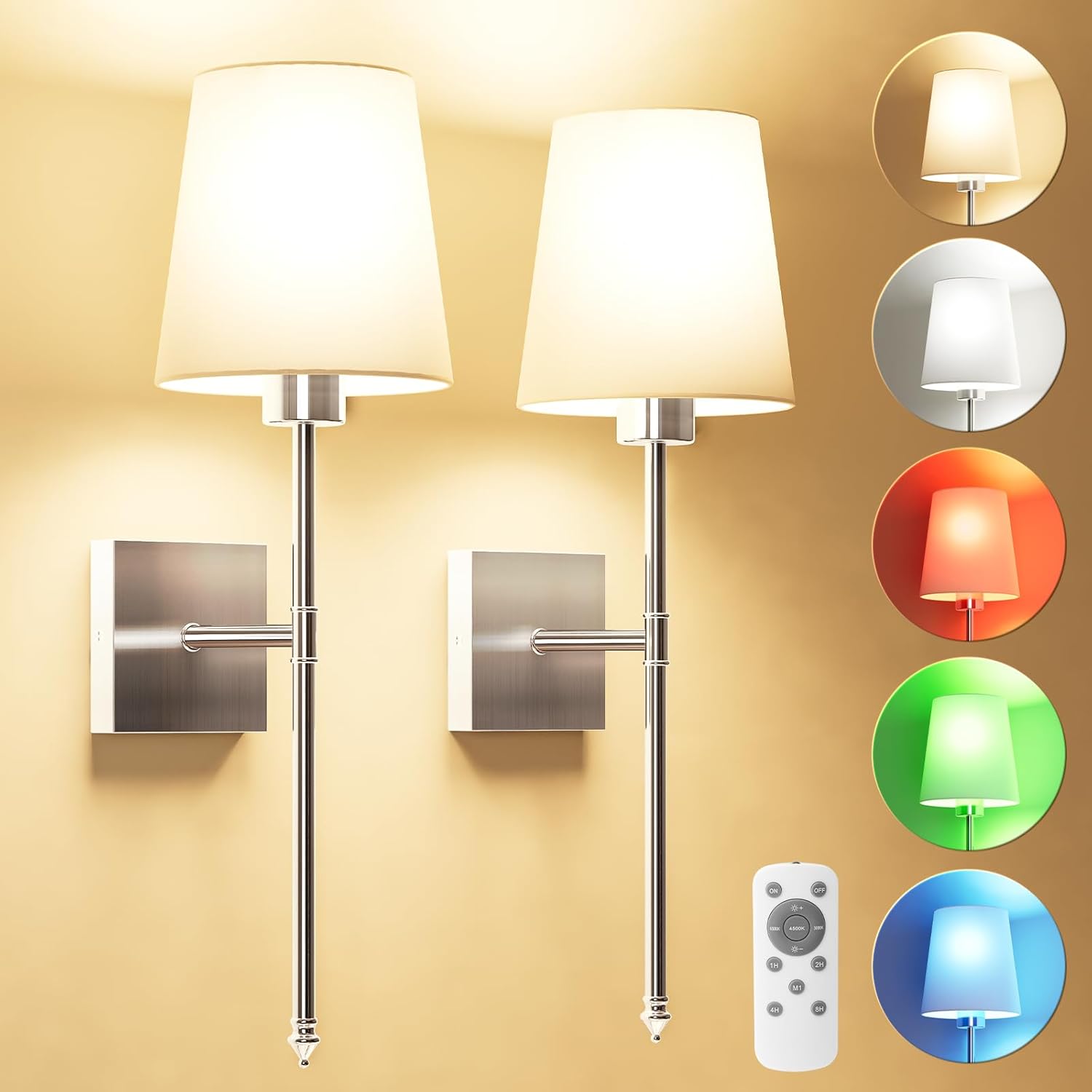 Battery Operated Wall Sconce Set of 2, Black Rechargeable Wall Sconce with Detachable Bulbs and Fabric Shade, Dimmable Sconce Wall Decor Lights with Remote for Bedroom, Living Room, Entryway - Grand Goldman