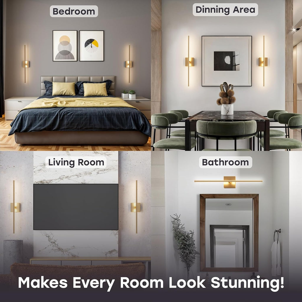 Battery Operated Wall Sconce Set of Two - 15600 mAh Battery with Adjustable Brightness & Tone - 6W Battery Sconces with Remote & Touch Control - Up to 80 Hours - 26.5 in (67 cm) | Gold - 2 Pack - Grand Goldman