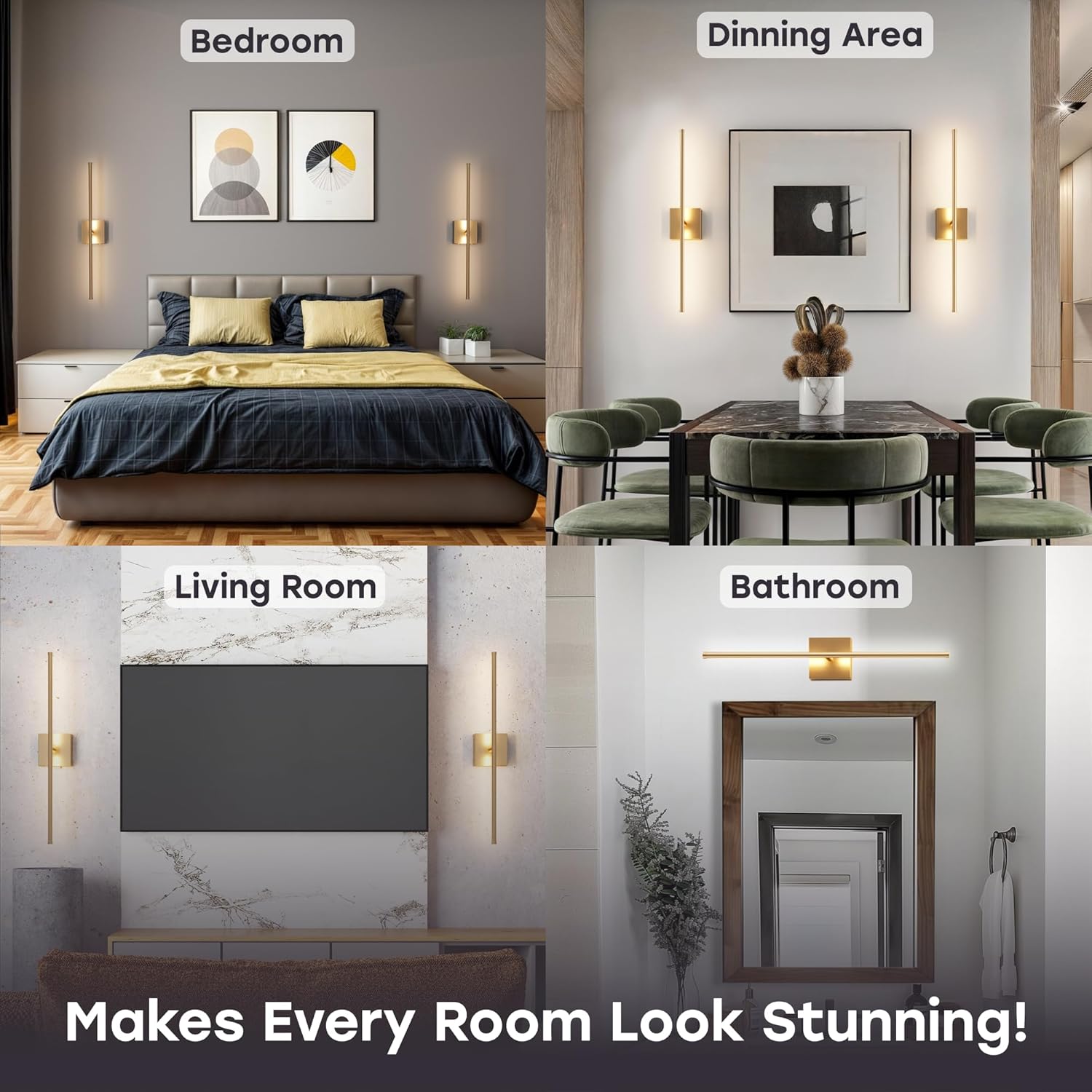 Battery Operated Wall Sconce Set of Two - 15600 mAh Battery with Adjustable Brightness & Tone - 6W Battery Sconces with Remote & Touch Control - Up to 80 Hours - 26.5 in (67 cm) | Gold - 2 Pack - Grand Goldman