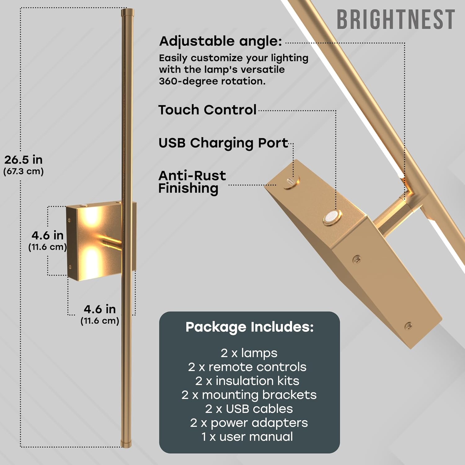 Battery Operated Wall Sconce Set of Two - 15600 mAh Battery with Adjustable Brightness & Tone - 6W Battery Sconces with Remote & Touch Control - Up to 80 Hours - 26.5 in (67 cm) | Gold - 2 Pack - Grand Goldman