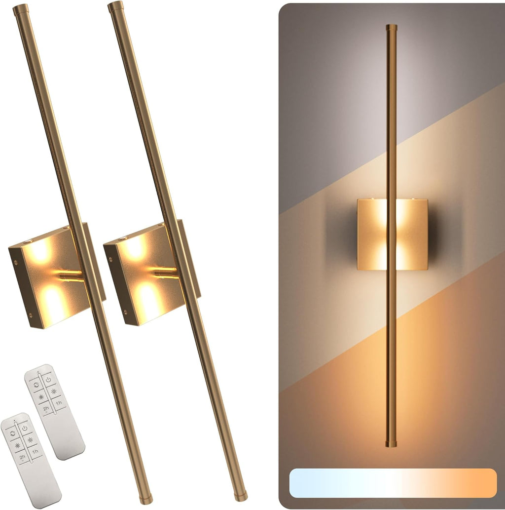 Battery Operated Wall Sconce Set of Two - 15600 mAh Battery with Adjustable Brightness & Tone - 6W Battery Sconces with Remote & Touch Control - Up to 80 Hours - 26.5 in (67 cm) | Gold - 2 Pack - Grand Goldman