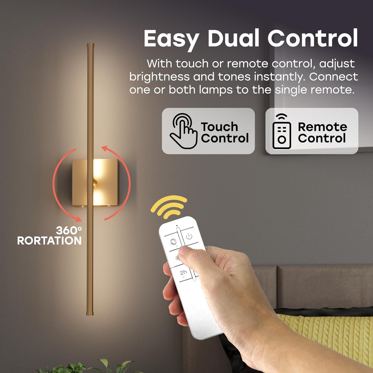 Battery Operated Wall Sconce Set of Two - 15600 mAh Battery with Adjustable Brightness & Tone - 6W Battery Sconces with Remote & Touch Control - Up to 80 Hours - 26.5 in (67 cm) | Gold - 2 Pack - Grand Goldman
